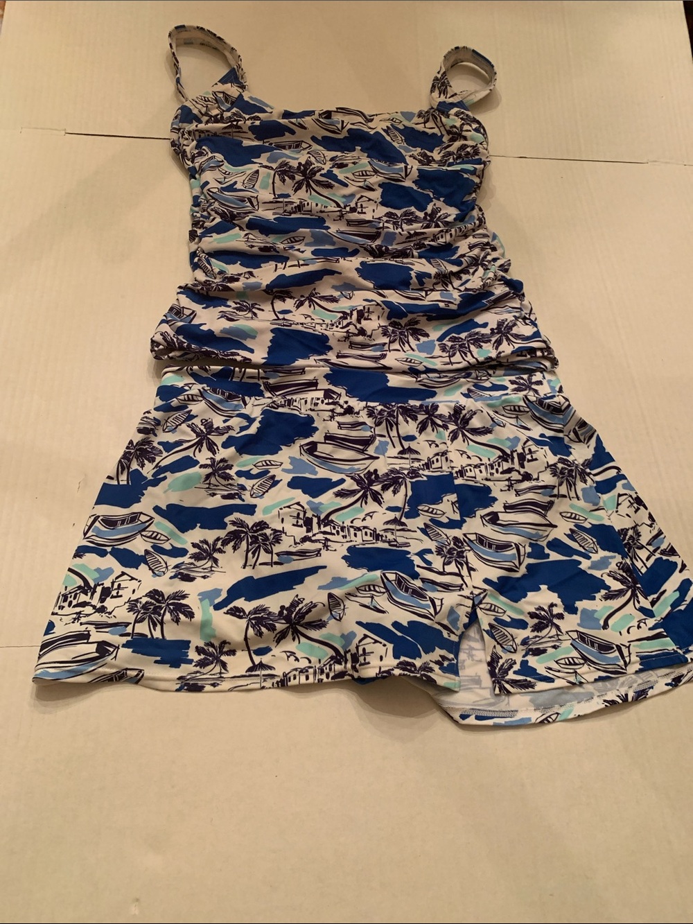 VGUC Talbots Blue and White Tropical Print Swim Tankini & Swim skirt size 12 - Picture 1 of 12